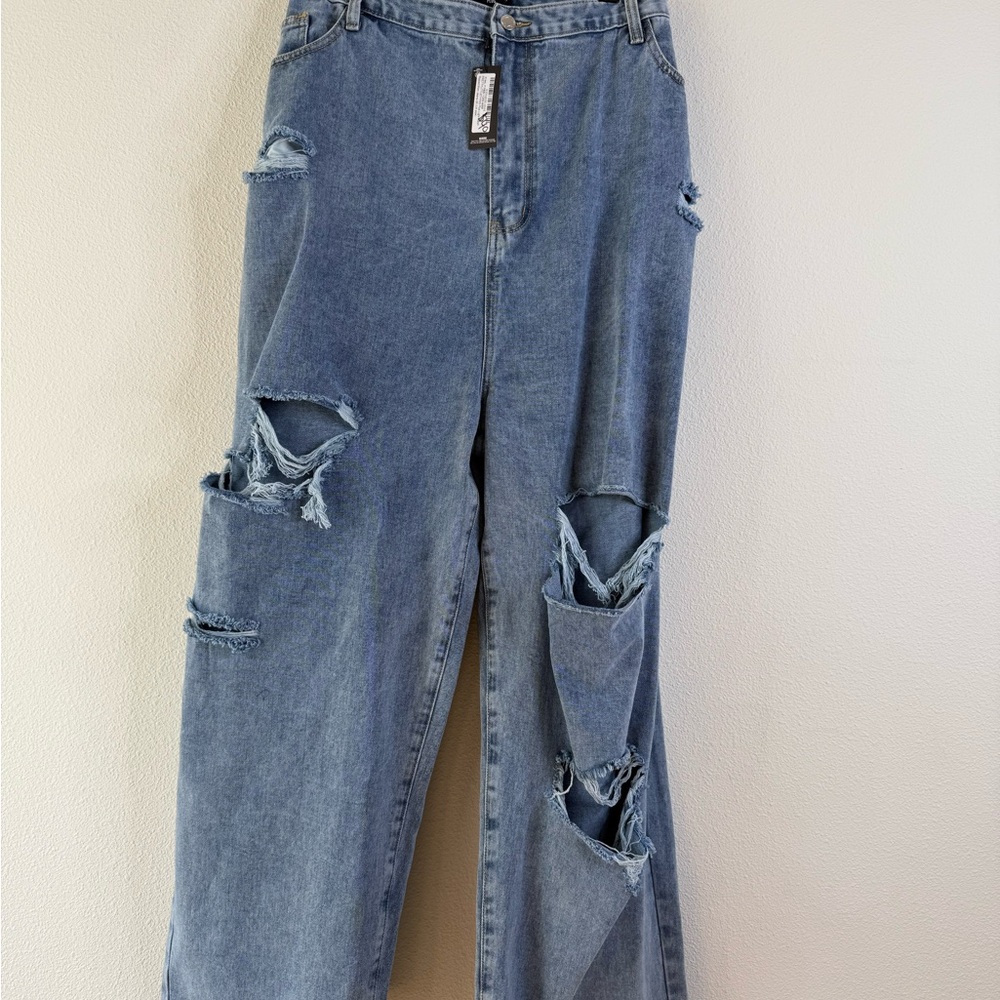 PrettyLittleThing Blue Distressed Flare Jeans